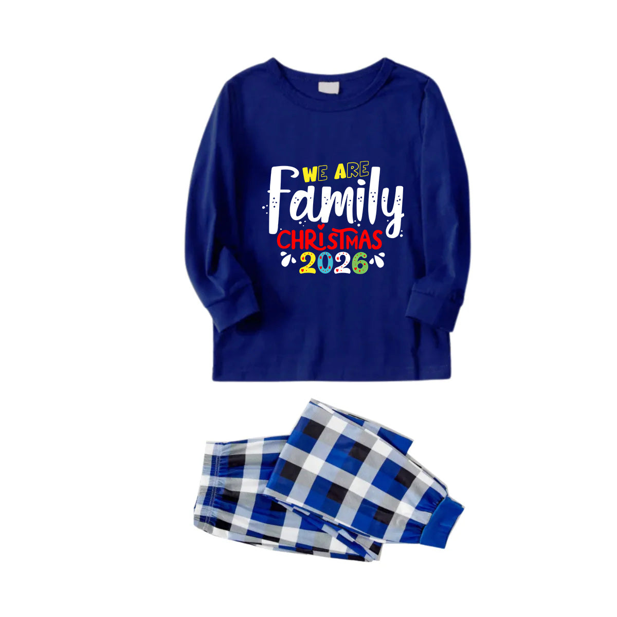 Christmas Family Matching Pajamas-Navy & White Plaid Pjs Set with "We Are Family Christmas 2026" Colorful Text Print