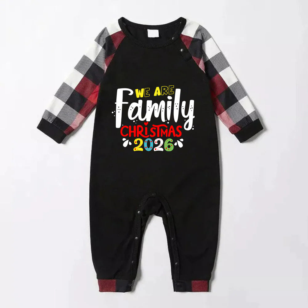 Christmas Family Matching Pajamas-Red and Gray Plaid Pjs set with "We Are Family" Christmas Slogan Print