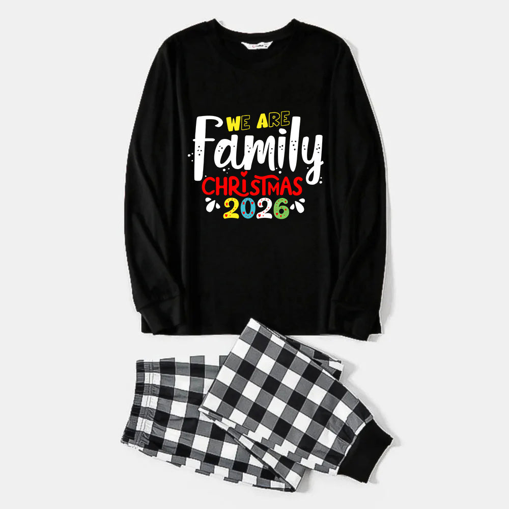 Black and White Plaid Christmas Pajamas Set With "We Are Family Christmas 2026" Artistic Text Print
