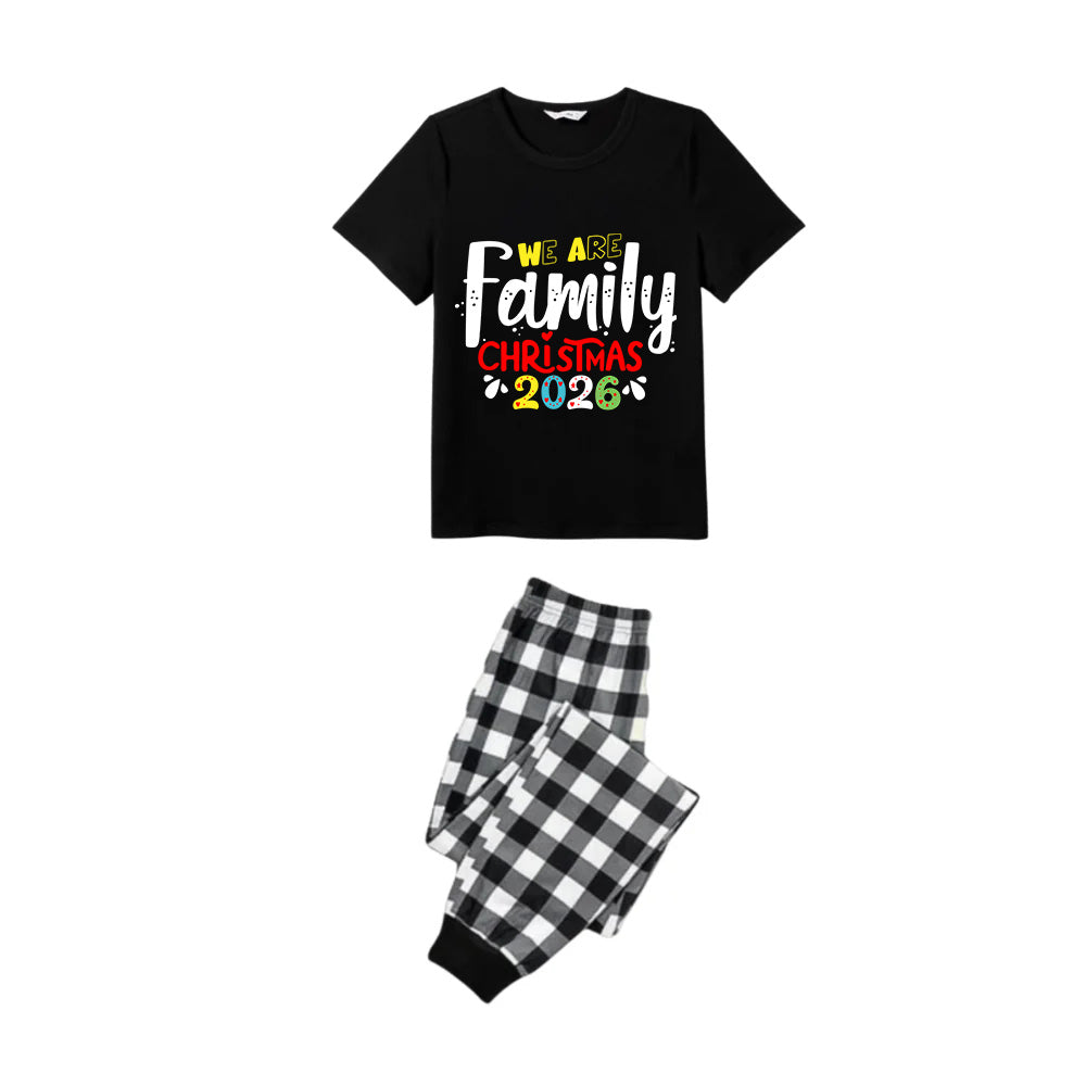Black and White Plaid Short Sleeve Christmas Pajamas Set with Christmas Text Patterns