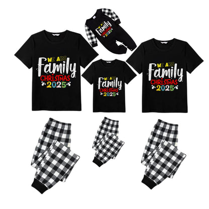 Black and White Plaid Short Sleeve Christmas Pajamas Set with Christmas Text Patterns