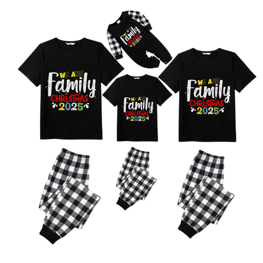Black and White Plaid Short Sleeve Christmas Pajamas Set with Christmas Text Patterns