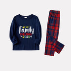 Christmas Family Matching Pajamas-Navy & Red Plaid Pjs Set with "We Are Family Christmas 2025" Colorful Slogan Print