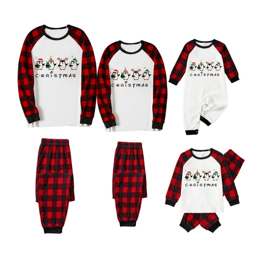 Red and Black Plaid Christmas Pajamas Set With Christmas Penguin Cartoon Print