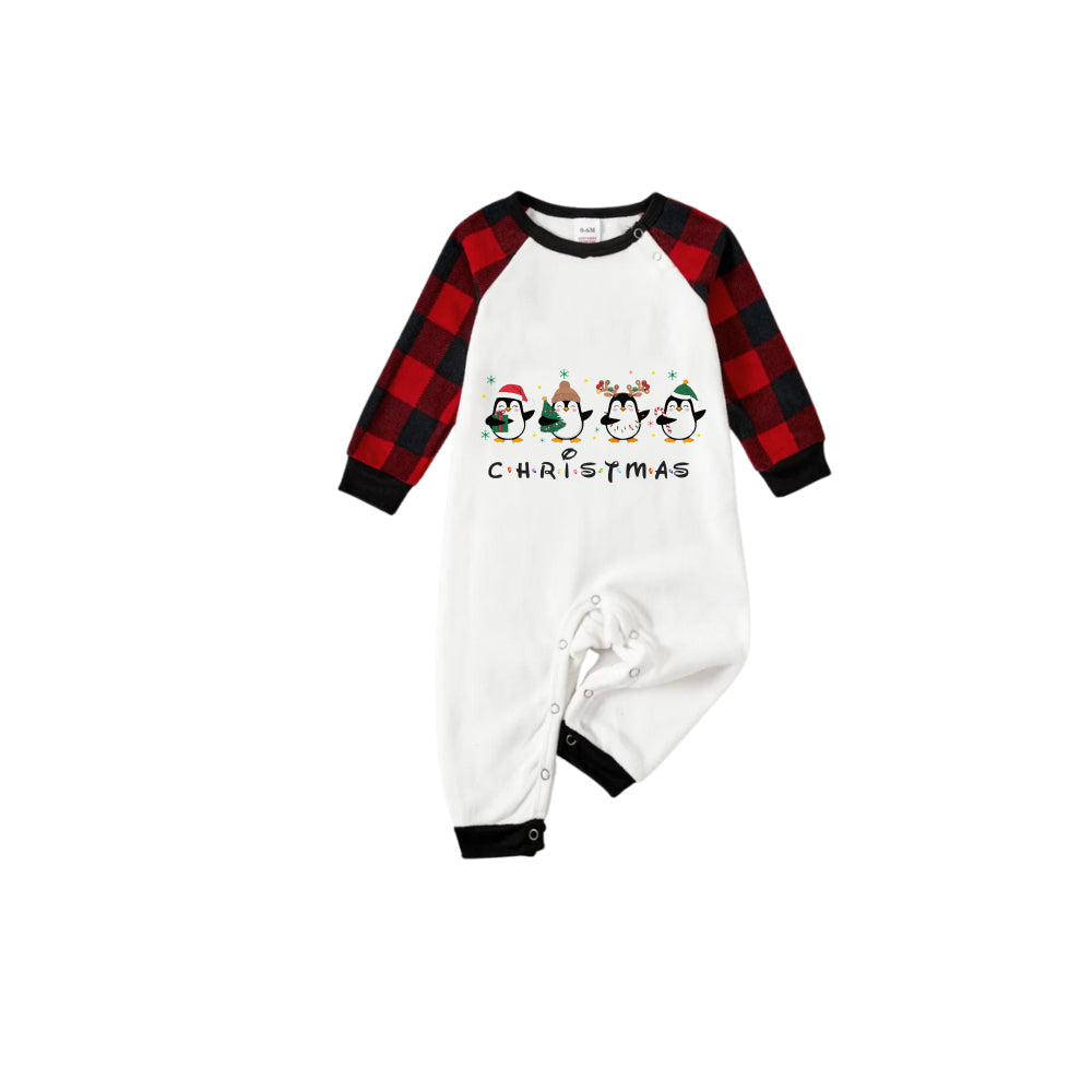 Red and Black Plaid Christmas Pajamas Set With Christmas Penguin Cartoon Print