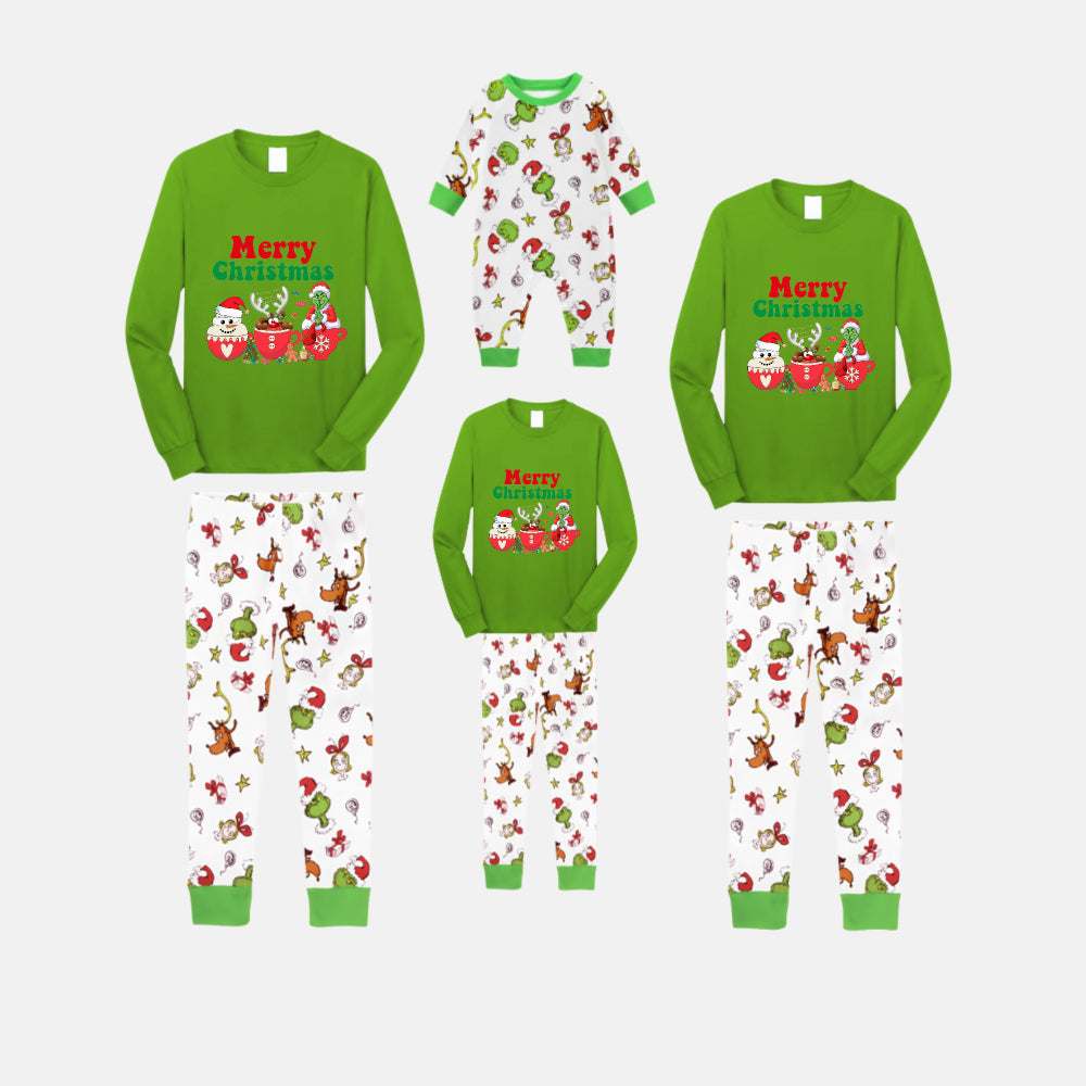 Christmas Family Matching Pajamas-Green Top and Grinch Pants Pjs Set with "Merry Christmas" and Grinch Pattern Print