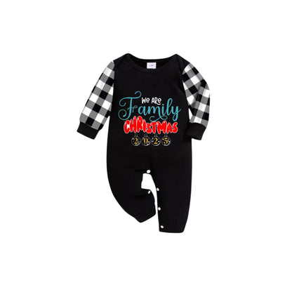 Black and White Plaid Short Sleeve Christmas Pajamas Set With We are Family Festive Lettering Print
