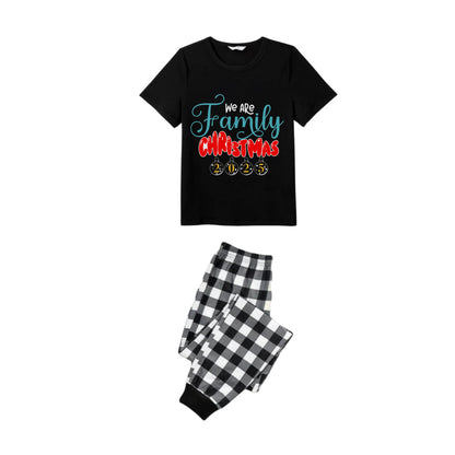 Black and White Plaid Short Sleeve Christmas Pajamas Set With We are Family Festive Lettering Print