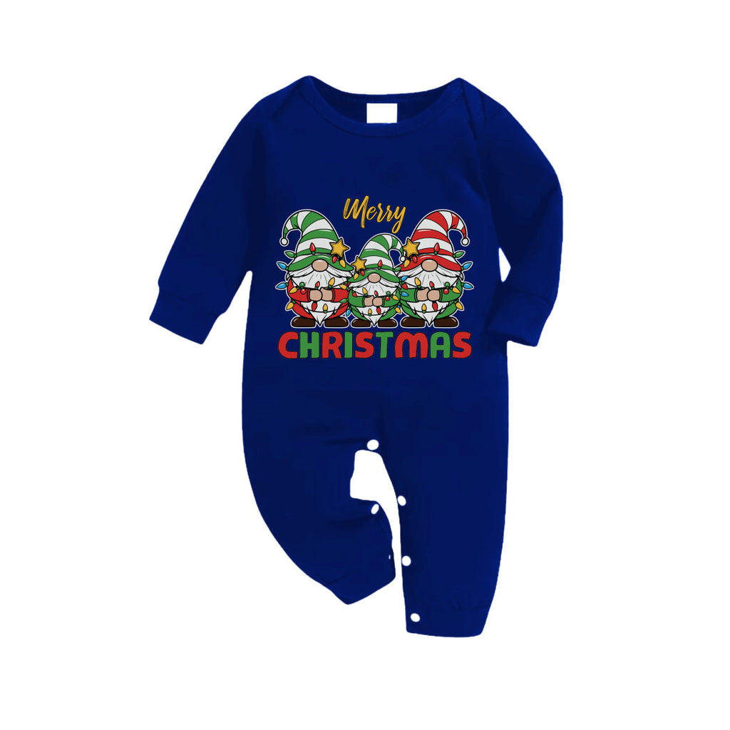 Christmas Family Matching Pajamas-Navy & White Plaid Pjs Set with Gnome and "Merry Christmas" Print