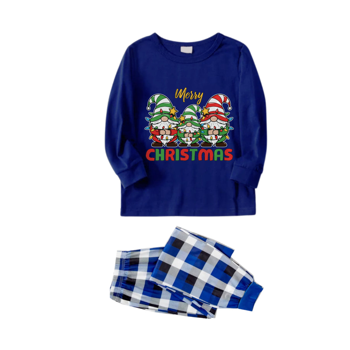 Christmas Family Matching Pajamas-Navy & White Plaid Pjs Set with Gnome and "Merry Christmas" Print