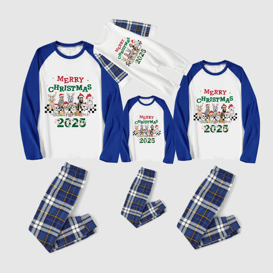 Christmas Family Matching Pajamas-Blue Raglan Top Blue Plaid Pants Pjs Set with Doggy and "Merry Christmas" Letter Print