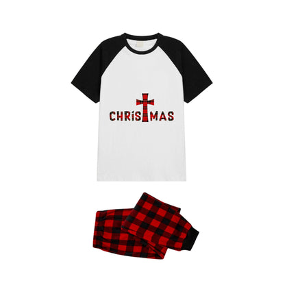 Black and Red Plaid Raglan Short Sleeve Pajamas Set With "Christmas" Artistic Text Print
