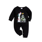 Christmas Family Matching Pajamas-Black Top and Green Plaid Pants Pjs Set with Snowman Cartoon Print