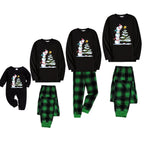 Christmas Family Matching Pajamas-Black Top and Green Plaid Pants Pjs Set with Snowman Cartoon Print