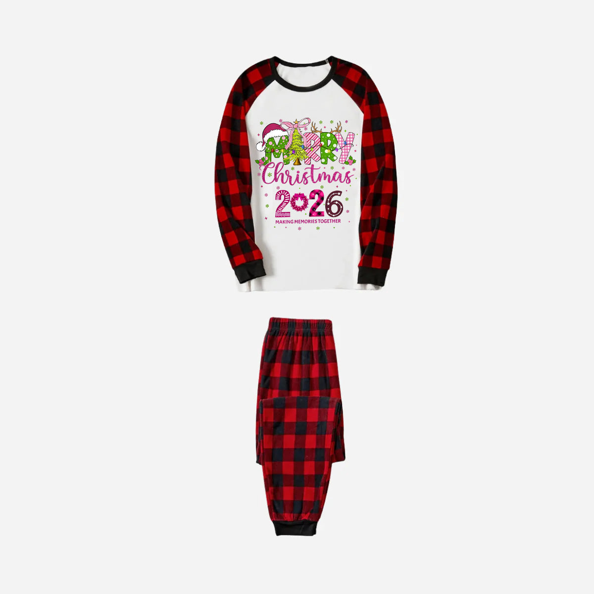 Merry Christmas 2026 Family Christmas Pajamas Set - White Top with Red Plaid Pants