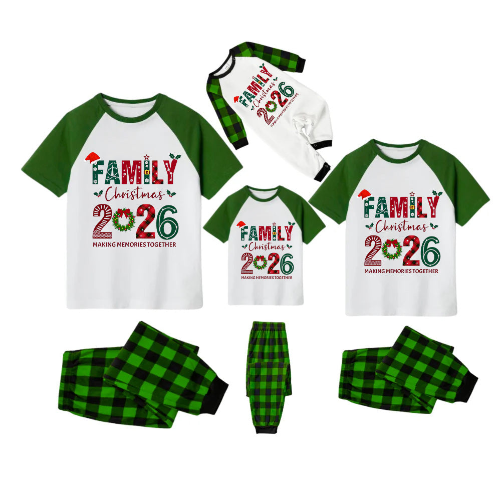 White Top Green Sleeves Green Plaid Pants Pajamas Set With "Family Christmas 2026" Text Print