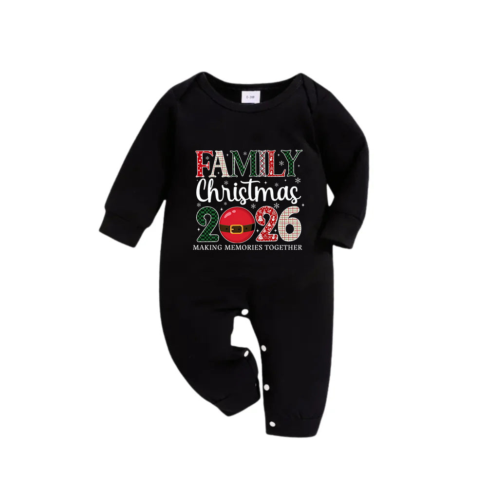 Christmas Family Matching Pajamas-Black Top and Green Plaid Pants Pjs Set with "Family Christmas 2026" Print