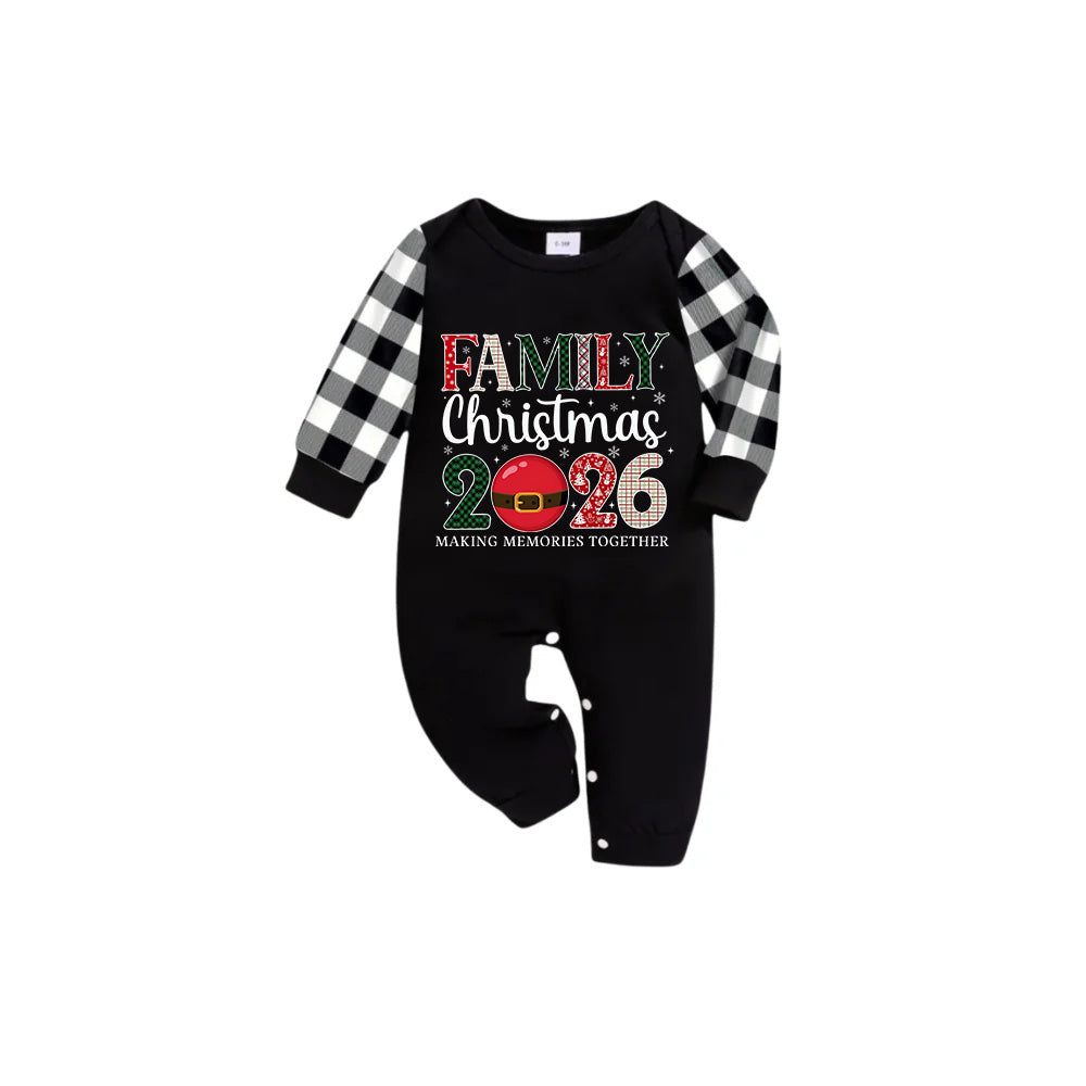 Black and White Plaid Short Sleeve Christmas Pajamas Set With Santa Motif Print