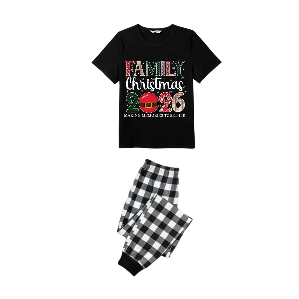 Black and White Plaid Short Sleeve Christmas Pajamas Set With Santa Motif Print