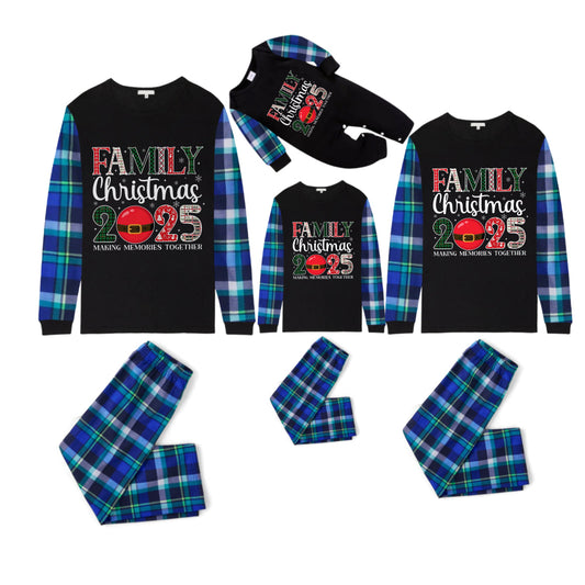 Blue and Green Plaid Christmas Pajamas Set With "FAMILY Christmas 2025" Colorful Text Print