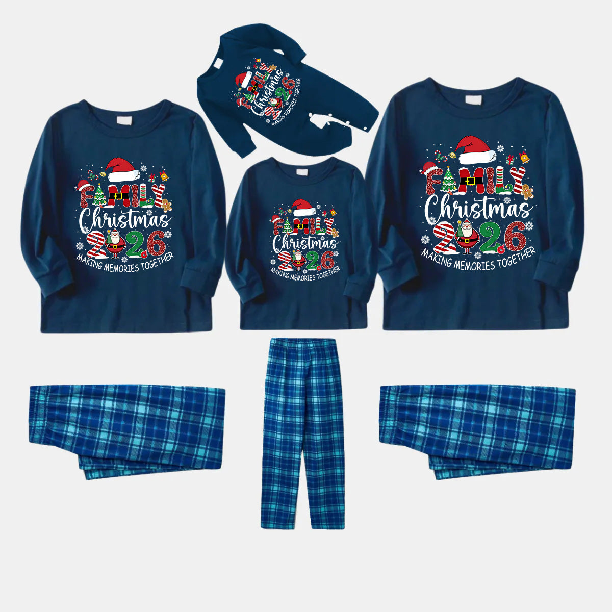Navy & Sky Blue Plaid Christmas Pajamas Set With "Family Christmas 2026 Making Memories Together" Text Print