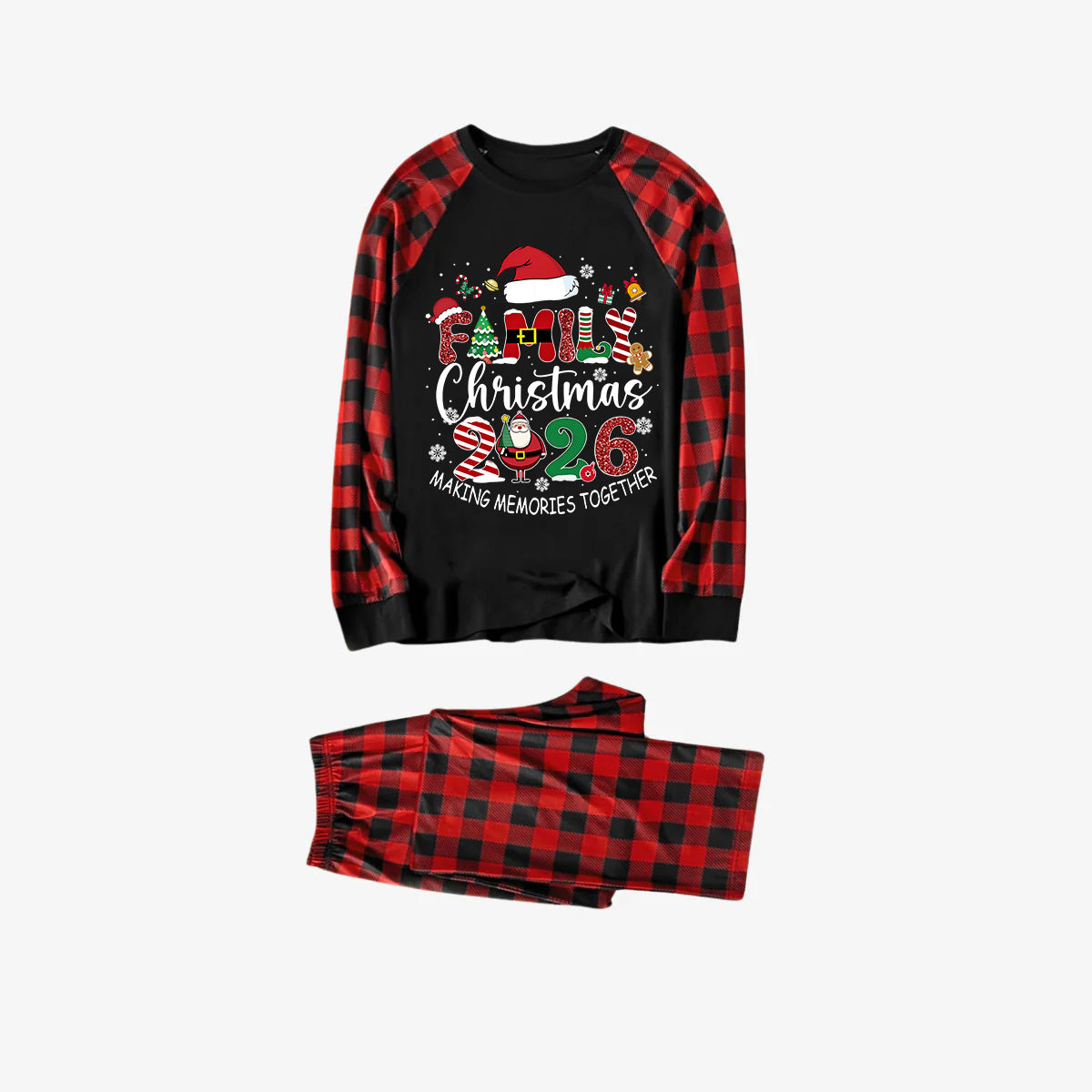 Red and Black Plaid Christmas Pajamas Set With "Family Christmas 2026 Making Memories Together" Text Print