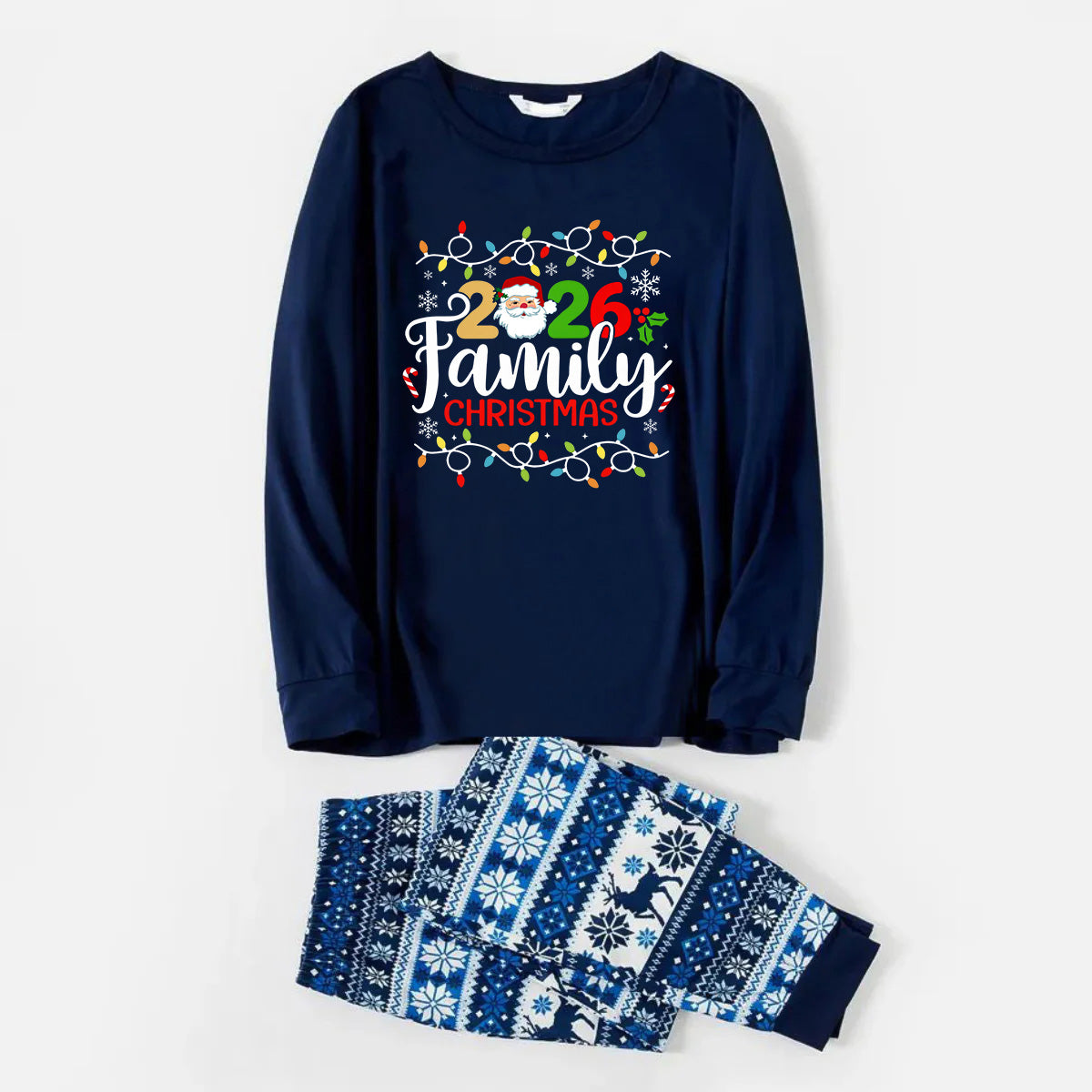 Joyful Blue Christmas Pajamas Set With Christmas Light and "2026 Family Christmas" Text Print