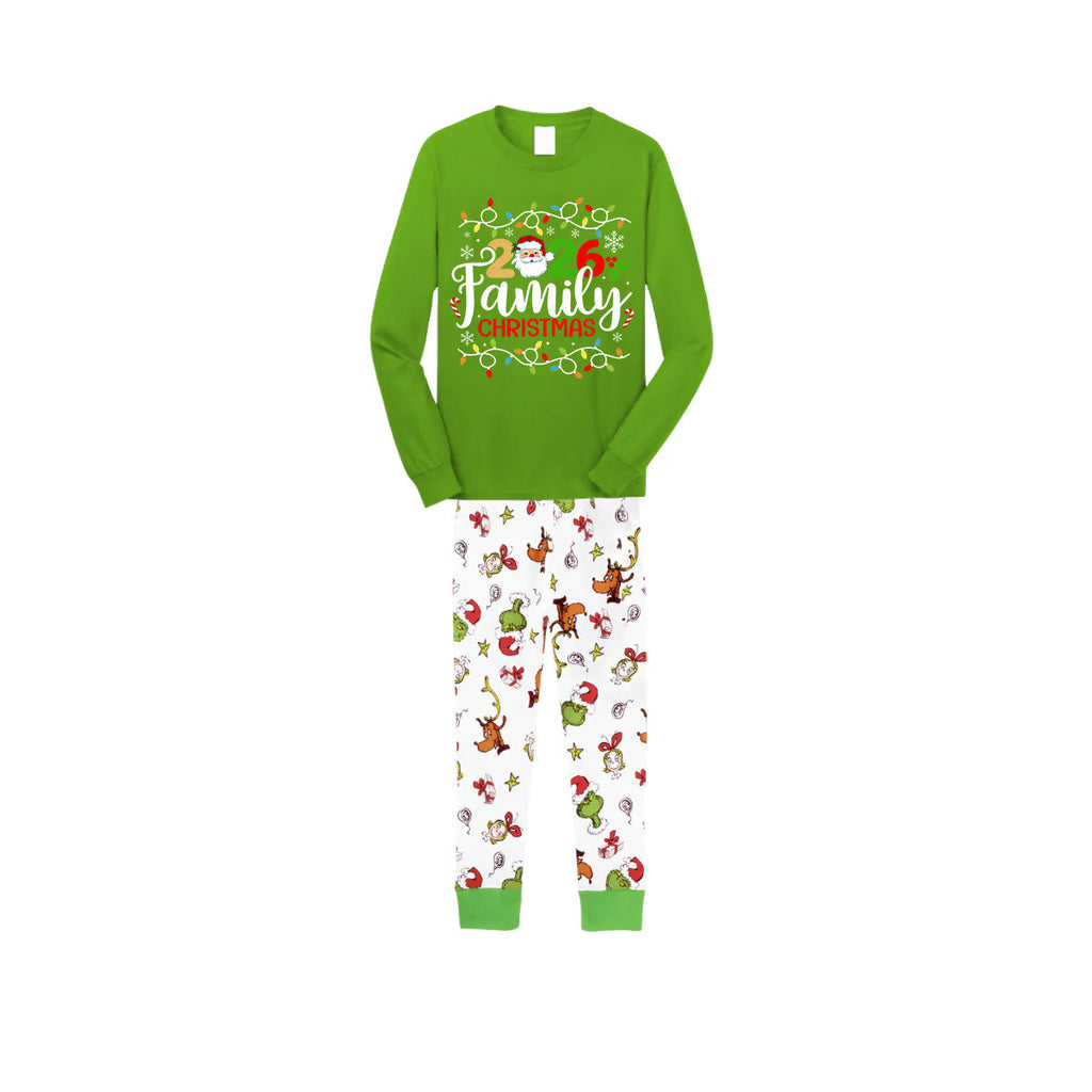 Green Top and Grinch Pants Pajamas Set With Christmas Light and "2026 Family Christmas" Text Print
