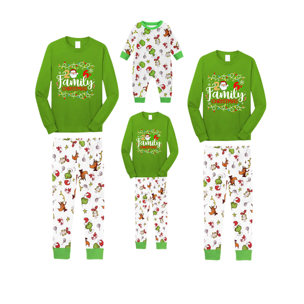 Green Top and Grinch Pants Pajamas Set With Christmas Light and "2026 Family Christmas" Text Print
