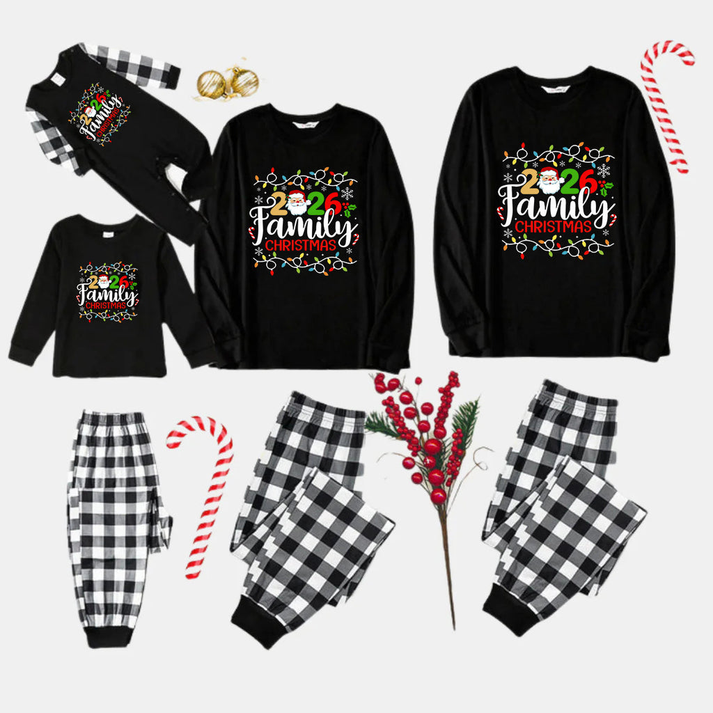 Black and White Plaid Christmas Pajamas Set With Christmas Light and "2026 Family Christmas" Text Print