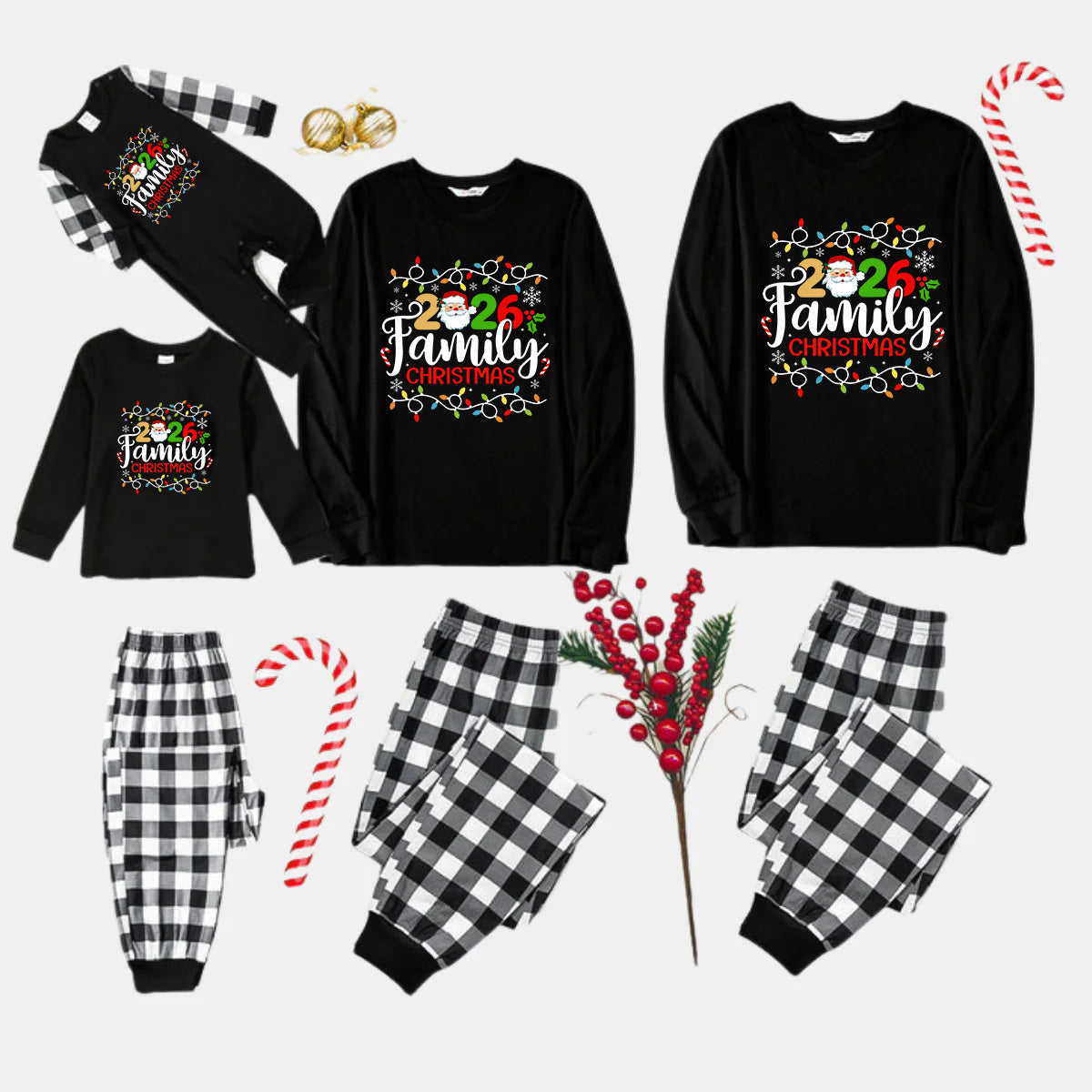 Black and White Plaid Christmas Pajamas Set With Christmas Light and "2026 Family Christmas" Text Print