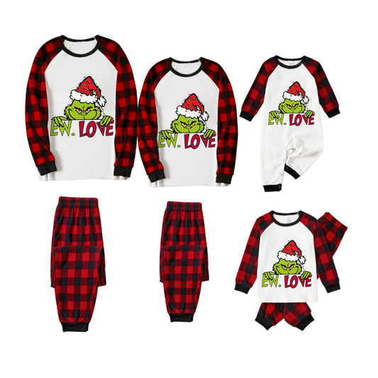 Red and Black Plaid Christmas Pajamas Set With Grinch and "Ew Love" Print