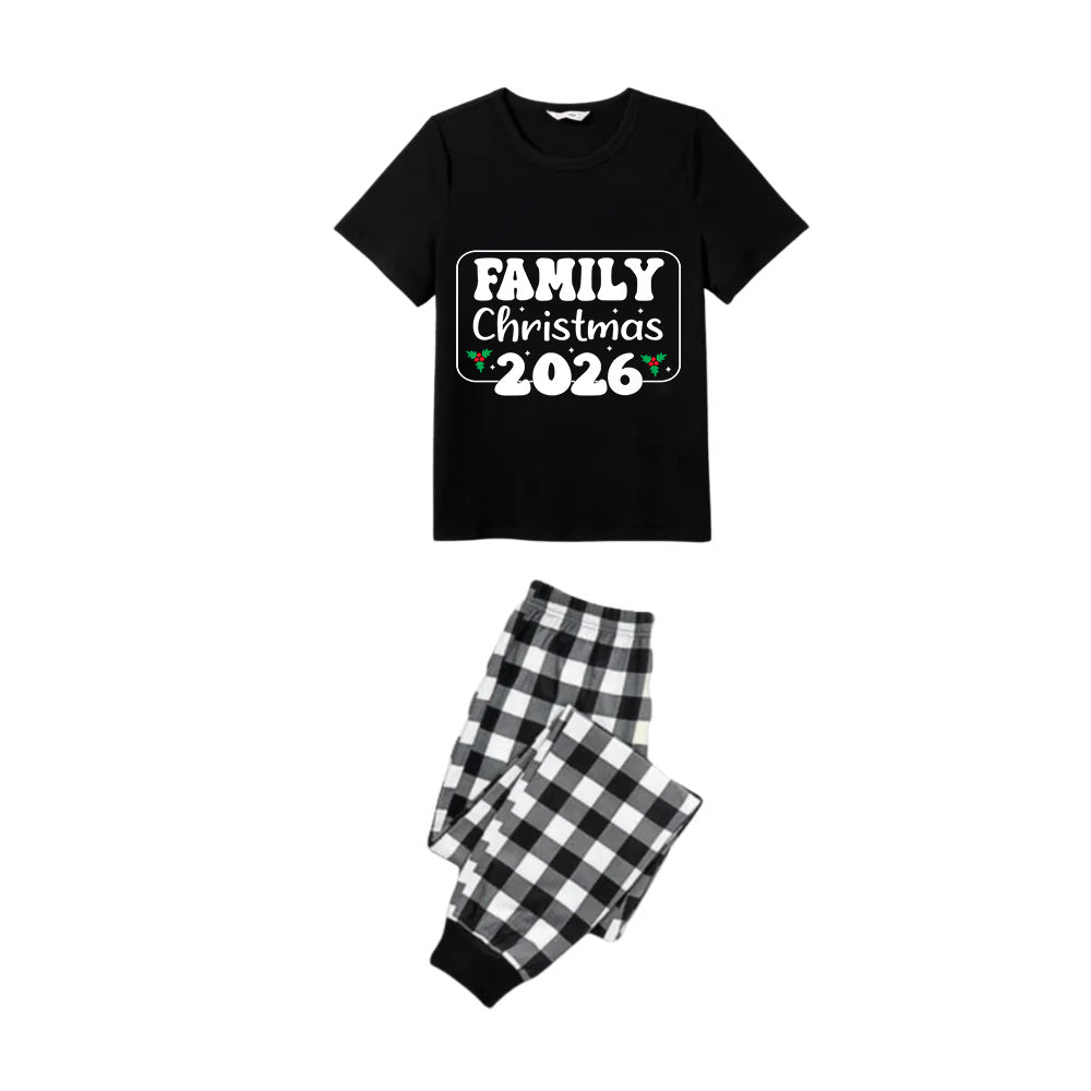 Black and White Plaid Short Sleeve Christmas Pajamas Set With Holiday Slogan Print