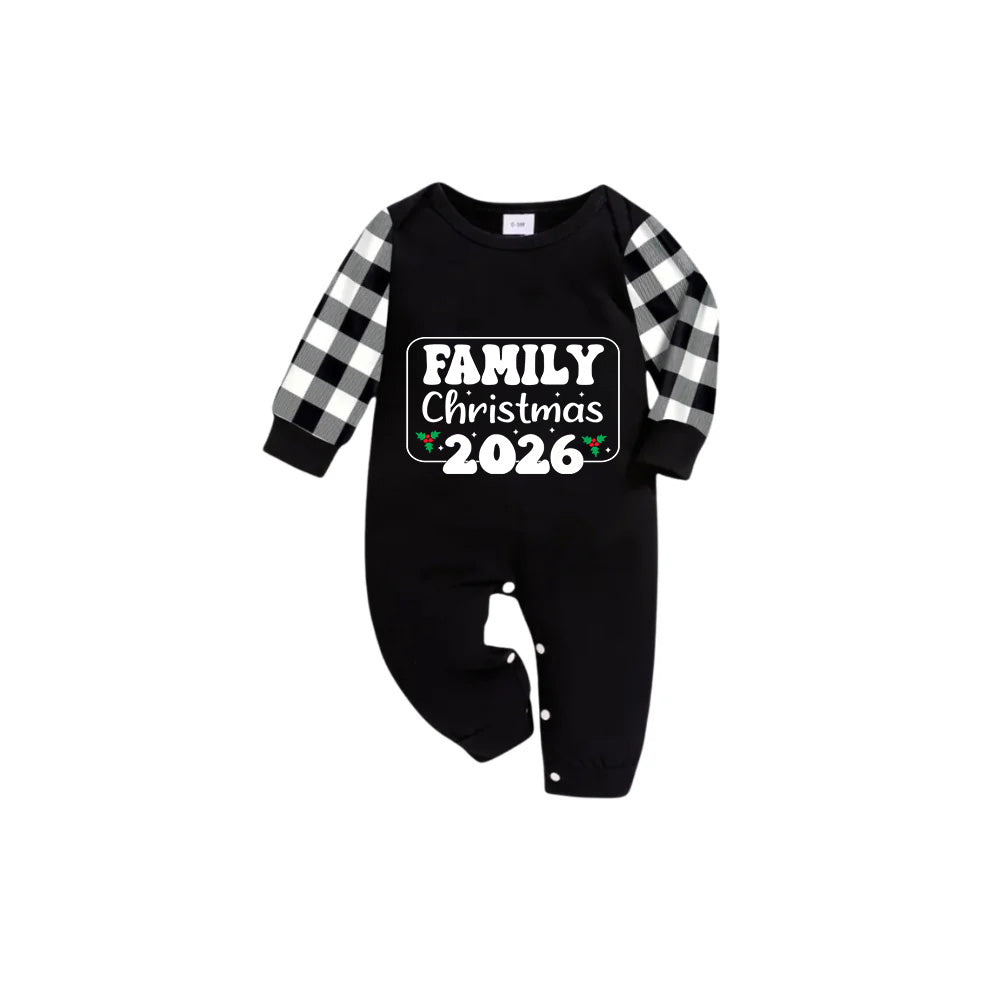 Black and White Plaid Short Sleeve Christmas Pajamas Set With Holiday Slogan Print