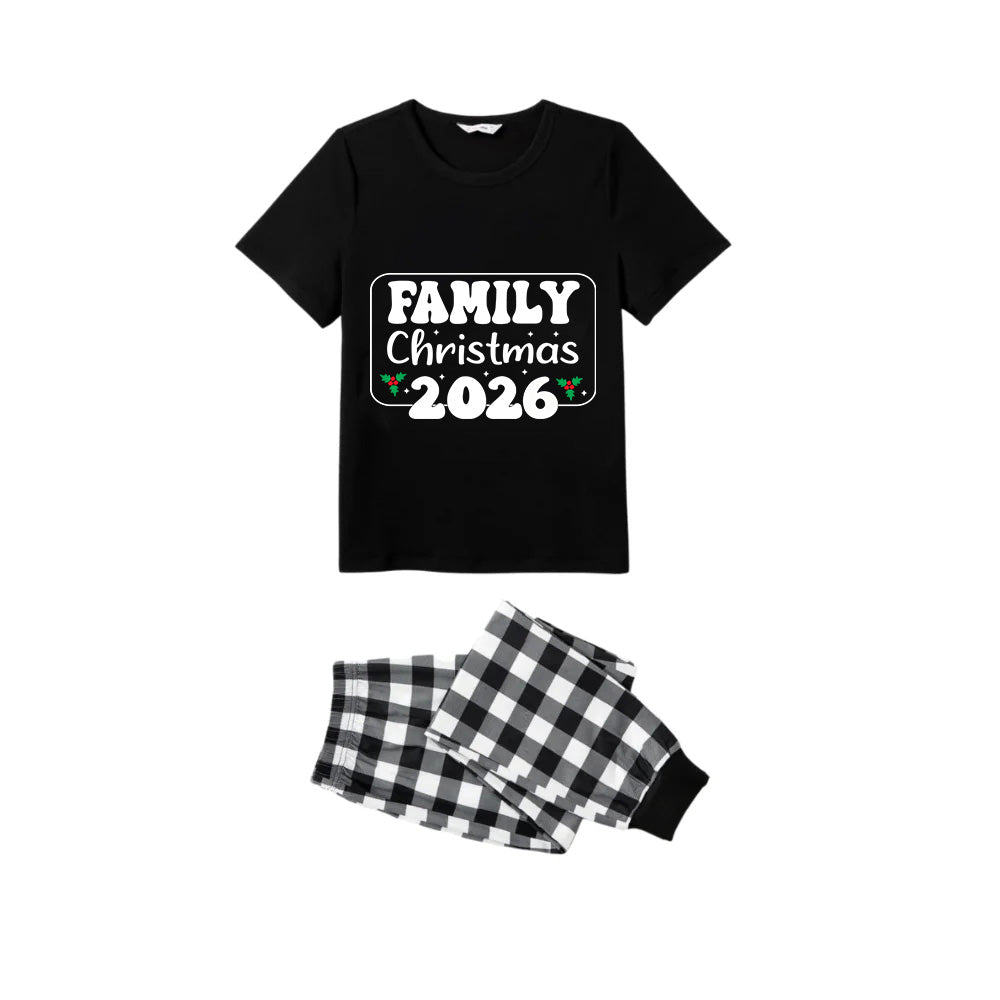 Black and White Plaid Short Sleeve Christmas Pajamas Set With Holiday Slogan Print