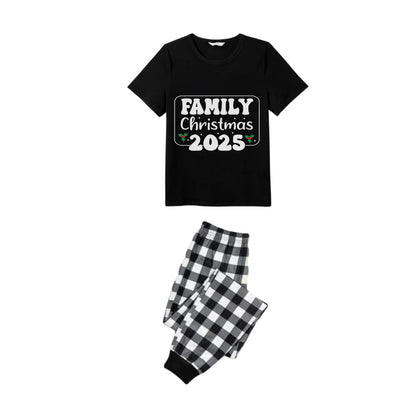 Black and White Plaid Short Sleeve Christmas Pajamas Set With Holiday Slogan Print