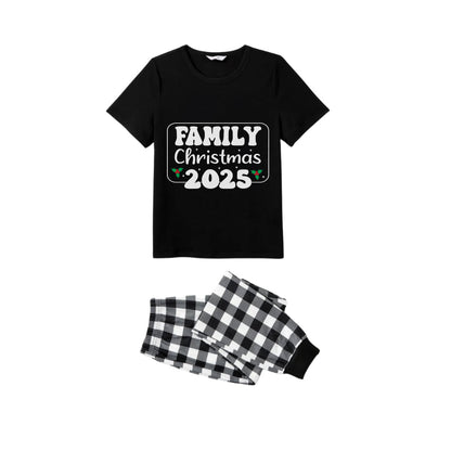 Black and White Plaid Short Sleeve Christmas Pajamas Set With Holiday Slogan Print
