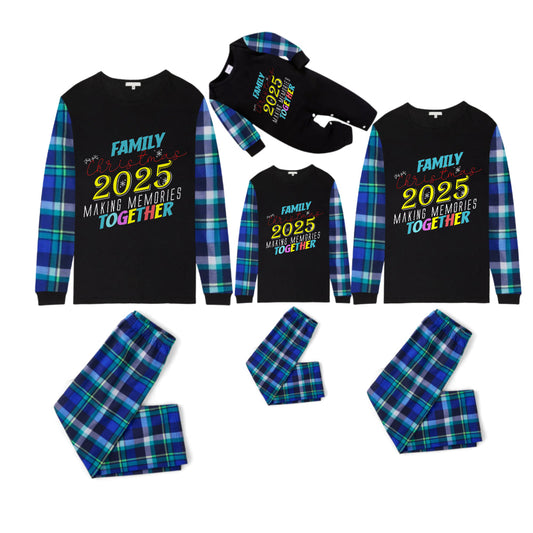 Blue and Green Plaid Christmas Pajamas Set With "FAMILY Christmas 2025 MAKING MEMORIES TOGETHER" Colorful Text Print