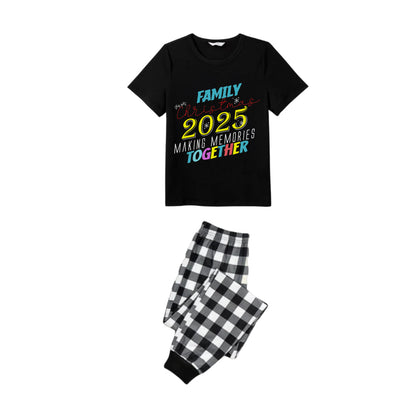 Black and White Plaid Short Sleeve Christmas Pajamas Set With Snowflake & Festive Lettering