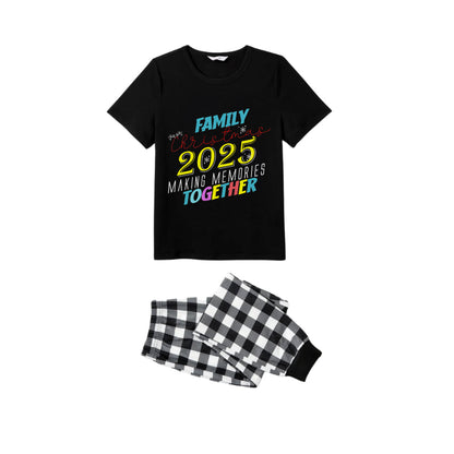 Black and White Plaid Short Sleeve Christmas Pajamas Set With Snowflake & Festive Lettering