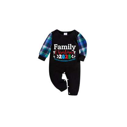 Blue and Green Plaid Christmas Pajamas Set With "FAMILY Christmas 2025" Colorful Text Print