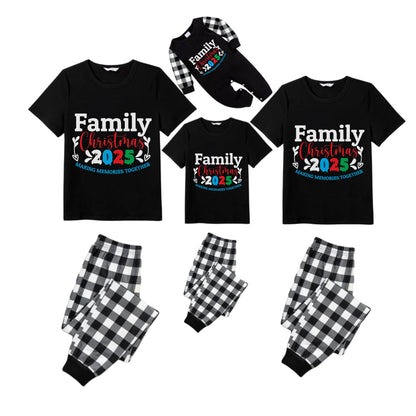 Black and White Plaid Short Sleeve Christmas Pajamas Set With Jolly Text