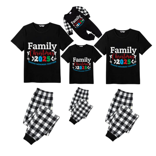 Black and White Plaid Short Sleeve Christmas Pajamas Set With Jolly Text
