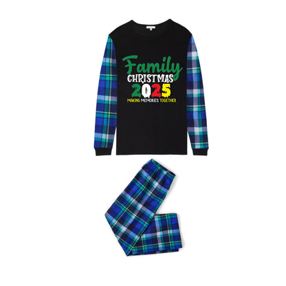 Blue and Green Plaid Christmas Pajamas Set With Making Memories Together and "FAMILY Christmas 2025" Text Print