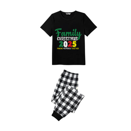 Black and White Plaid Short Sleeve Christmas Pajamas Set With Holiday Slogan Print