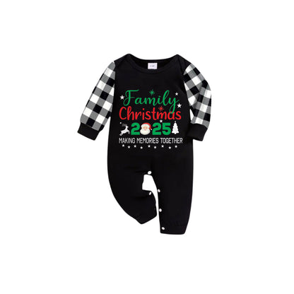 Black and White Plaid Short Sleeve Christmas Pajamas Set With Festive Pattern and Typography Design