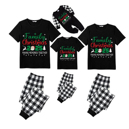Black and White Plaid Short Sleeve Christmas Pajamas Set With Festive Pattern and Typography Design