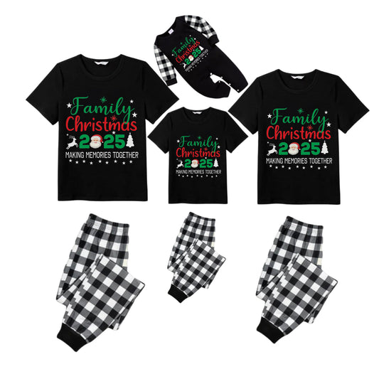 Black and White Plaid Short Sleeve Christmas Pajamas Set With Festive Pattern and Typography Design
