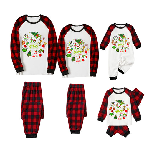 Red and Black Plaid Christmas Pajamas Set With Grinch and Christmas Pattern Print