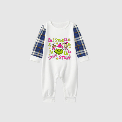 Christmas Family Matching Pajamas-Blue Raglan Top Blue Plaid Pants Pjs Set with Grinch Cartoon Print